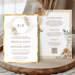 Convites Marfim Bege Floral Dourado Tudo em Um Casamento
