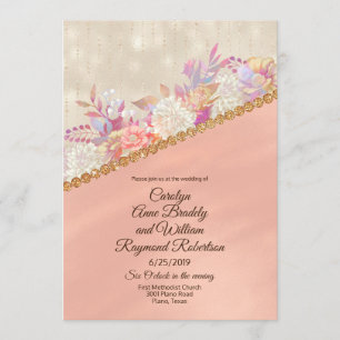 Convites Marfim coral perolado e casamento floral Dourado