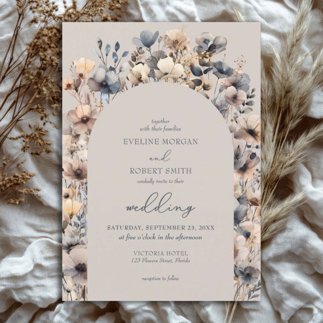 Convites Marfim de marinho Neutral Boho (watercolor neutral colors wild flowers arched wedding invitation)