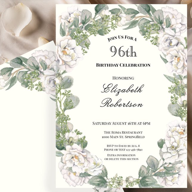 Convites Marfim e Floral Verde Sage para 96º Aniversário (Criador carregado)