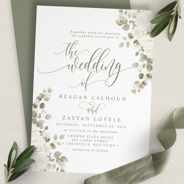 Convites Marfim e Sage Chic Elegante Casamento Floral (Criador carregado)