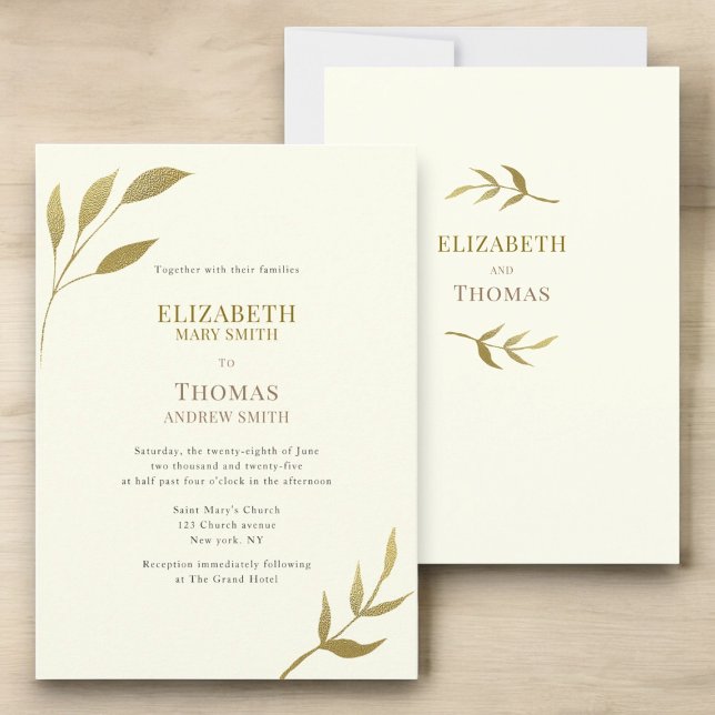 Convites Marfim elegante casual e casamento dourado (casual text ivory and gold minimal wedding invitation easy to custominze to suite your personal need)