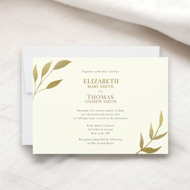 Convites Marfim elegante casual e casamento dourado (ivory and gold modern minimal botanical casual wedding invitation )