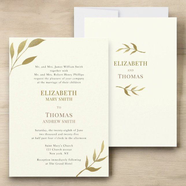 Convites Marfim elegante tradicional e casamento dourado (traditional text modern minimal gold and ivory wedding invitation 
)