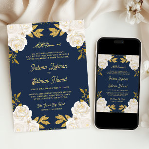 Convites Marfim Floral Dourado Azul Marinho Casamento Muçul