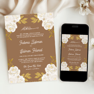 Convites Marfim Floral Dourado Bege Casamento Muçulmano