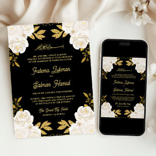 Convites Marfim Floral Dourado Brilho Preto Casamento Muçul