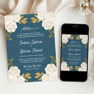 Convites Marfim Floral Dourado Poeira Azul Casamento Muçulm
