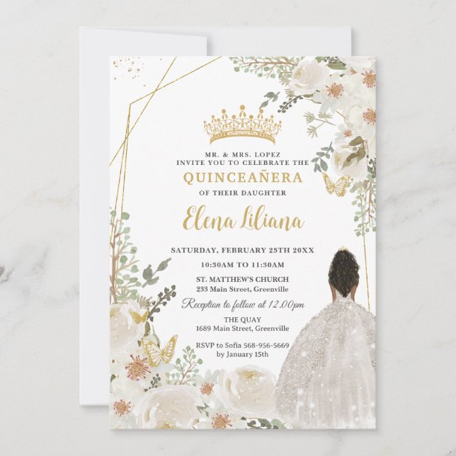 Convites Marfim Floral Marrom Princesa Dourada Quinceanera (Frente)
