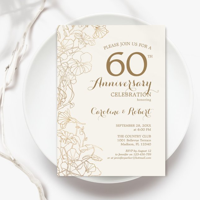 Convites Marfim Gold Floral 60º Aniversário (Criador carregado)
