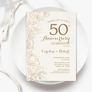 Convites Marfim Gold Floral Aniversário de 50 anos