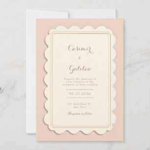 Convites Marfim Ondulado Moldura Dourada Casamento Minimali