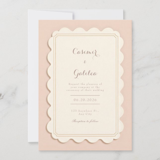 Convites Marfim Ondulado Moldura Dourada Casamento Minimali (Frente)