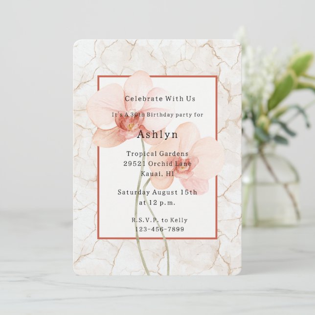 Convites Marfim Rachado Orquídea Rosa Tropical Aniversário  (Em pé/Frente)