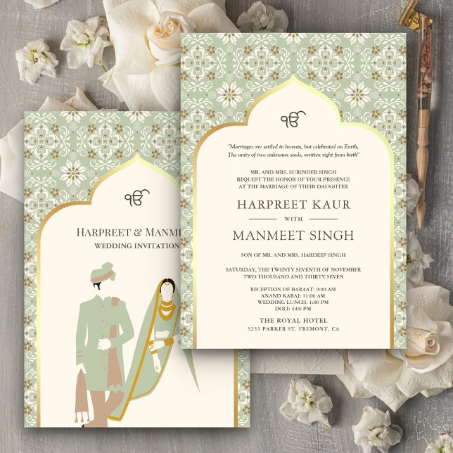 Convites Marfim Verde Menta Padrão Anand Karaj Casamento Si (Criador carregado)
