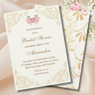 Convites Marfim Vintage Floral Rosa Peônia Chá de Bebê de N