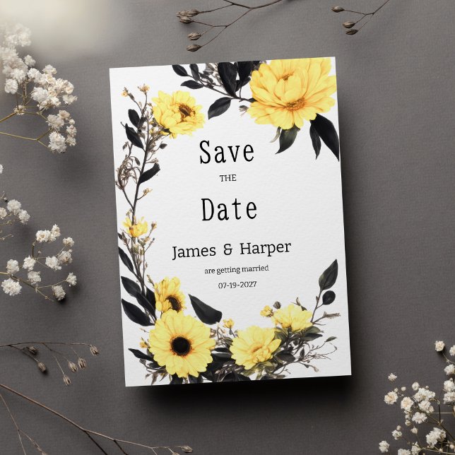 Convites Margarida amarela-escura floral Salve a data (Summer yellow dark gray daisy floral Save the Date)