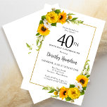 Convites Margarida Branca Amarela aniversário de 40 anos Fl<br><div class="desc">Cartão de aniversário de 40 anos floral amarelo bonito. Peônias amarelas e margaridas brancas se misturam com os girassóis. Um quadro retangular de ouro lhe dá uma vibração elegante. Muito fácil de personalizar. Essa parte de trás é branca com um buquê de girassol. Isto é perfeito para uma celebração de...</div>