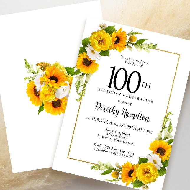 Convites Margarida Branca Amarela Floral 100º Aniversário (Elegant Invitation to get the Party of to a Great Start!)