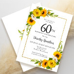 Convites Margarida Branca Amarelo Floral 60º Aniversário<br><div class="desc">Cartão de aniversário de 60 anos, floral amarelo bonito. Peônias amarelas e margaridas brancas se misturam com os girassóis. Um quadro retangular de ouro lhe dá uma vibração elegante. Muito fácil de personalizar. Essa parte de trás é branca com um buquê de girassol. Isto é perfeito para uma celebração de...</div>