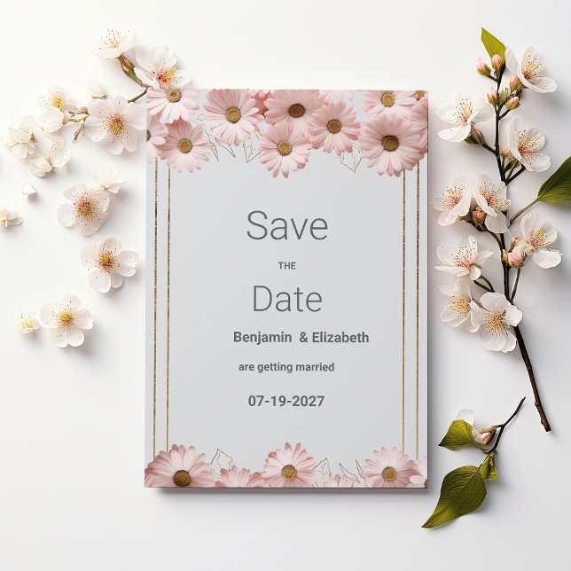 Convites Margarida cor-de-rosa-cinza pastel elegante Salve  (Elegant pastel gray pink gold daisy Save the Date )
