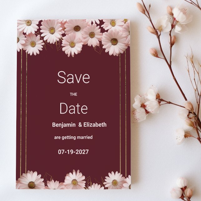 Convites Margarida de ouro rosa-burgundy Elegante Salve a d (Elegant burgundy pink gold daisy Save the Date)
