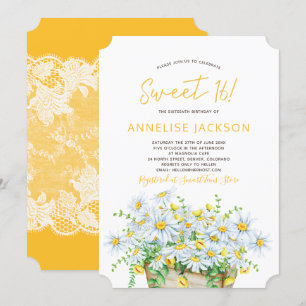 Convites Margaridas de verão amarelas e renda branca, doce 
