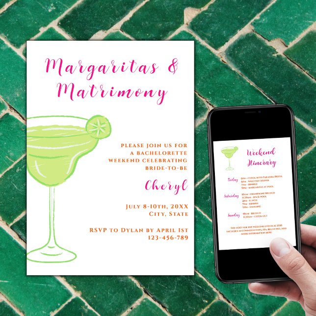 Convites Margaritas E Matrimony Bachelorette Weekend (Margaritas and Matrimony Bachelorette Weekend Itinerary Vibrant Hot pink and orange)