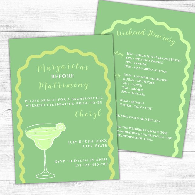 Convites Margaritas E Matrimony Bachelorette Weekend (Margaritas and matrimony bachelorette weekend lime green wavy arch margarita glass)