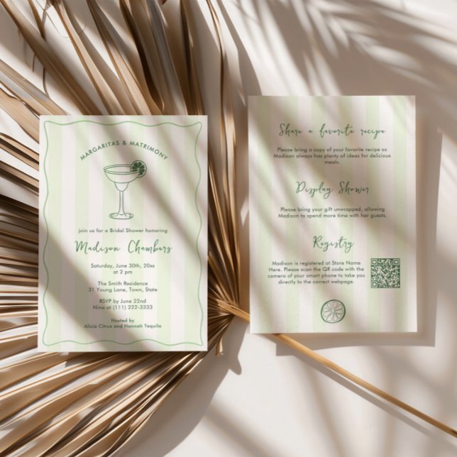 Convites Margaritas E Matrimony Chá de panela Desenhado À M (Double sided trendy handwritten font Margaritas and Matrimony bridal shower invitation with QR code)
