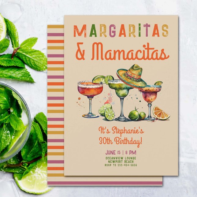 Convites Margaritas Mamacitas Colorful Fiesta aniversário d (margaritas mamacitas 30th birthday party invitation fiesta theme cocktails colorful watercolor)