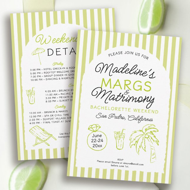 Convites Margs e Matrimônio Festa de Solteira Arco de Limão (margs and matrimony bachelorette theme invitation itinerary hand drawn modern beach pool tequilla)