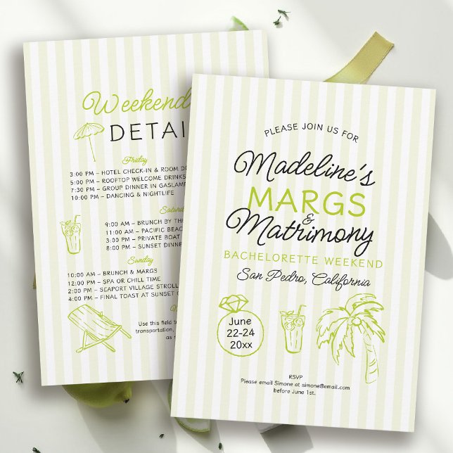 Convites Margs e Matrimônio Listras de Limão Festa de Despe (margs and matrimony bachelorette theme invitation itinerary lime stripe hand drawn beach pool )