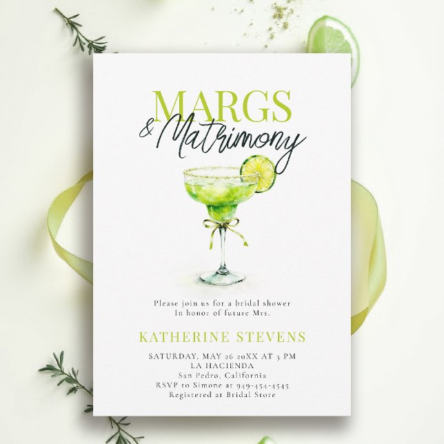 Convites Margs Matrimônio Margaritas Lime Chic Chá de Noiva (margs and matrimony bridal shower invitation design modern watercolor calligraphy elegant fun)