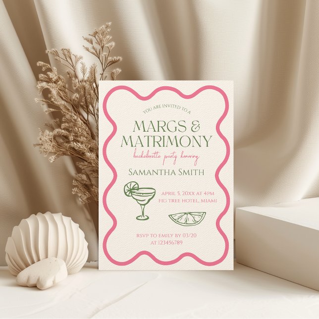 Convites Margs & Matrimony Festa de solteira Drawn (Margs & Matrimony Pink and Green Bachelorette Party Invitation Wavy Frame Hand Drawn Funky)