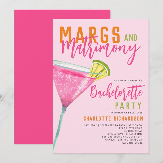 Convites Margs & Matrimony Pink Margarita Bachelorette Bash (Frente/Verso)