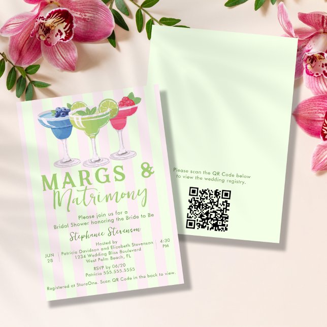 Convites Margs & Matrimony Stripes Código QR Chá de Noiva (Criador carregado)