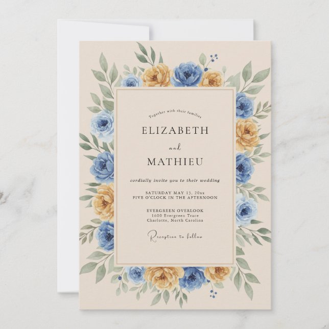 Convites Marigold Blue Rustic Botanical Wedding (Frente)
