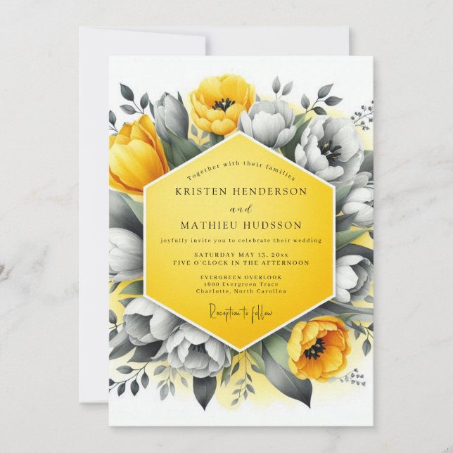 Convites Marigold Charcoal Bloom Wedding (Frente)