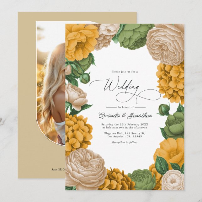 Convites Marigold, Olive & Warm Cream Floral Wedding (Frente/Verso)