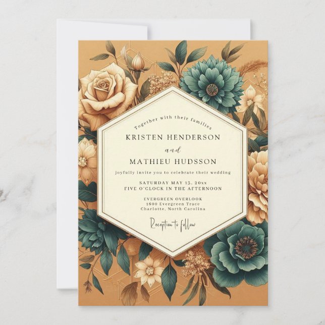 Convites Marigold Teal Vintage Flora Wedding (Frente)