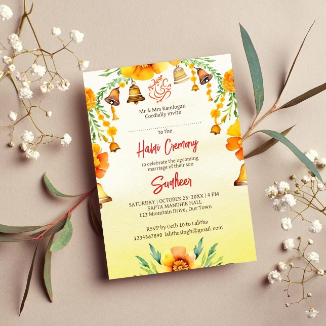 Convites Marigolds Haldi e sinos modelo de casamento índio (Haldi Indian wedding marigold and bells template invitation instant digital download yellow Ganesha)