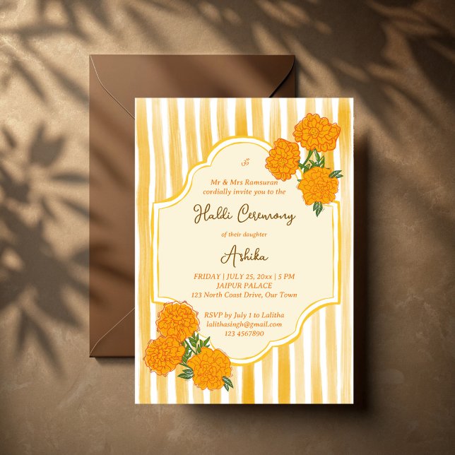 Convites Marigolds listras amarelas Haldi casamento indiano (Marigolds yellow stripes Haldi Indian wedding Invitation)