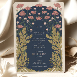 Convites Marine Blue Pink Vintage Art Nouveau Floral