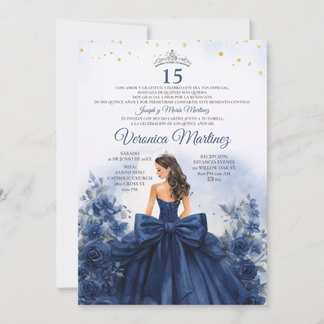 Convites Marinha Azul Princesa Floral Doce 15 Anos (Frente)