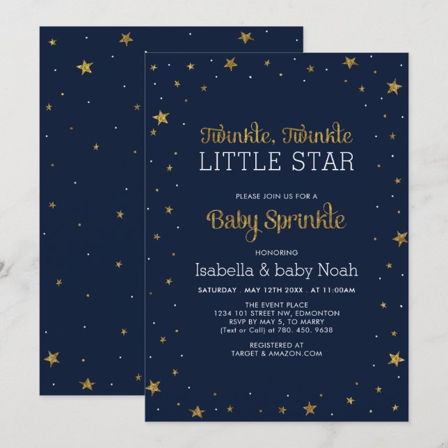 Convites Marinha & Dourado | Estrelinha Baby Sprinkle (Frente/Verso)