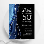 Convites Marinho Agate Silver Black Surpresa 50º aniversári<br><div class="desc">Marinho azul, preto e prateado agata surpresa 50º convite de aniversário. Elegante design moderno com cor azul-real de água agate marble geode fundo, faux glitter prata e script de tipografia. Trendy convida o cartão perfeito para uma comemoração de dia das mulheres na moda. Impressos convites Zazzle ou modelo de impressão...</div>