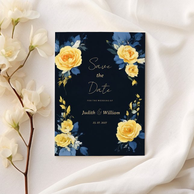 Convites Marinho amarelo borboleta azul floral Salve a data (Buttercup yellow navy blue floral Save the Date)