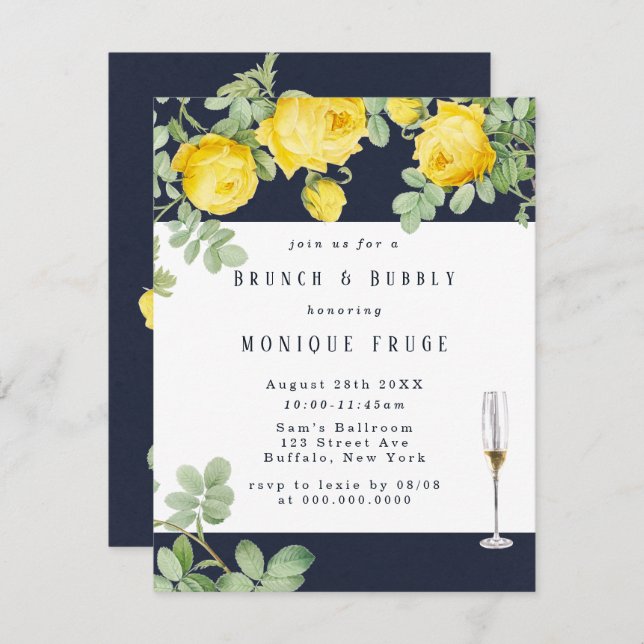 Convites Marinho Amarelo Rose Rustic Brunch & Bubble Invite (Frente/Verso)
