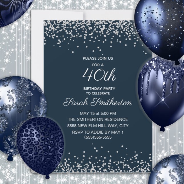Convites Marinho aniversário de 40 anos Azul Silver Diamond (Navy blue and silver glitter women's 40th birthday party invitation)